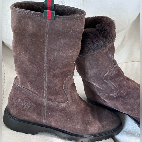 Gucci Web Brown Distressed Suede Fur Boots - Picture 7 of 9